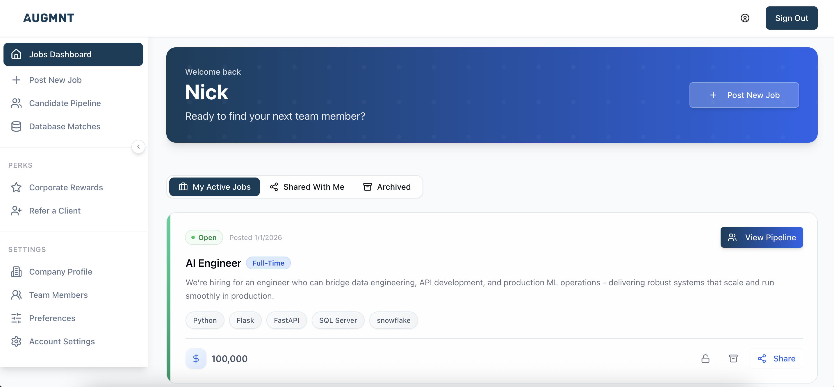 Augmnt Jobs Dashboard - Manage your hiring pipeline
